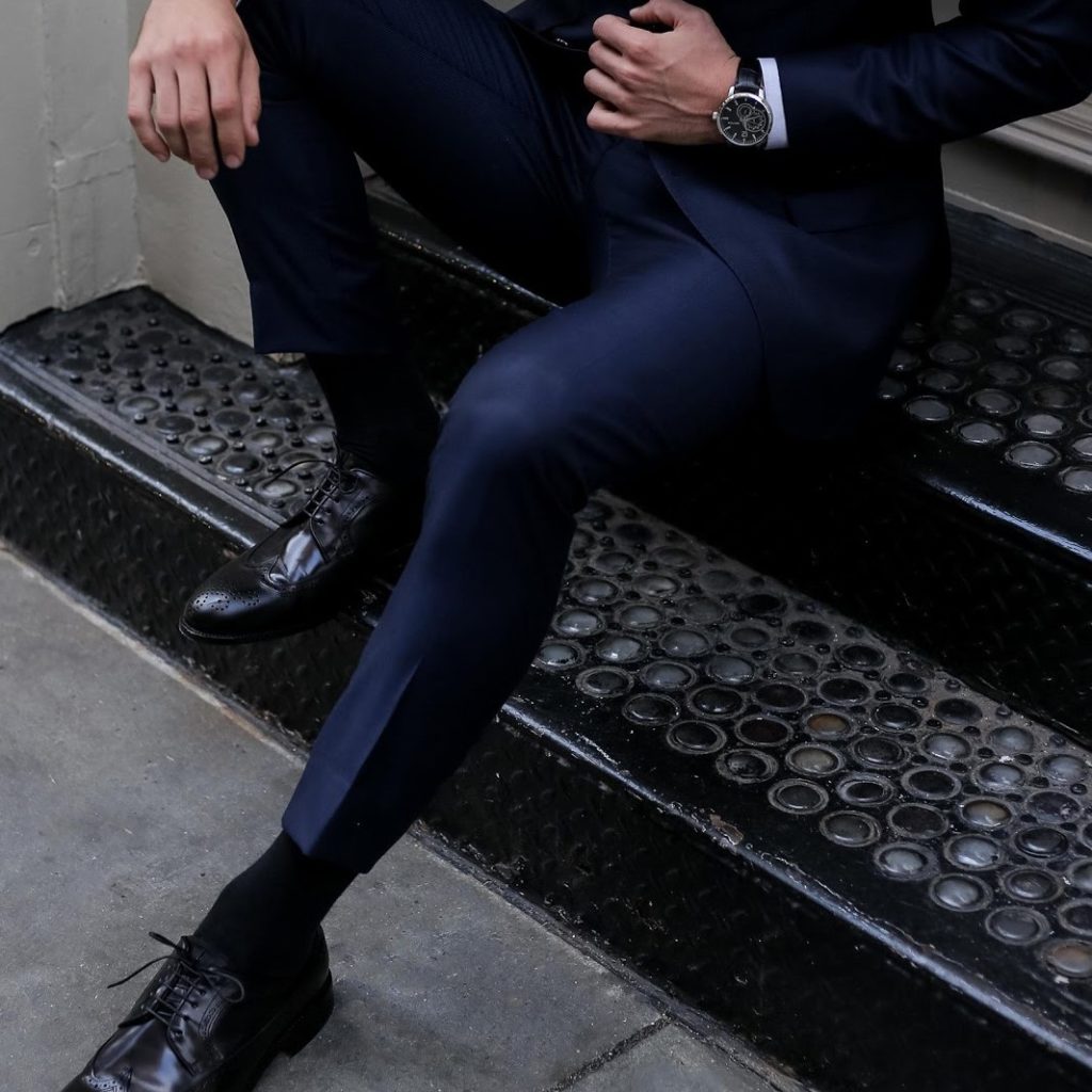 navy blue tux with black shoes