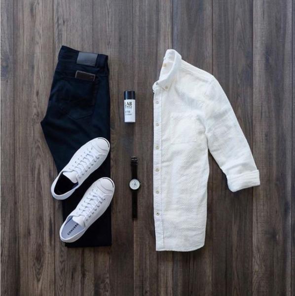 white shirt grey pants white shoes