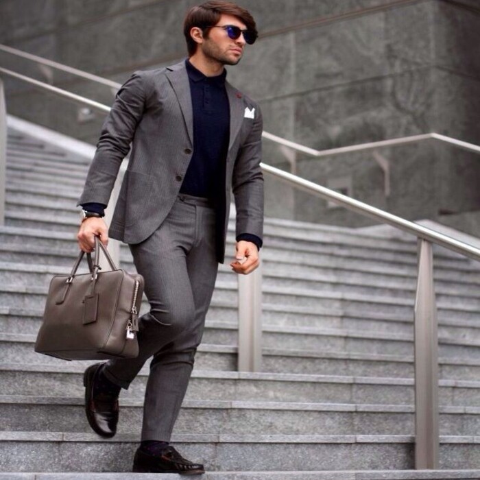 grey suit with loafers